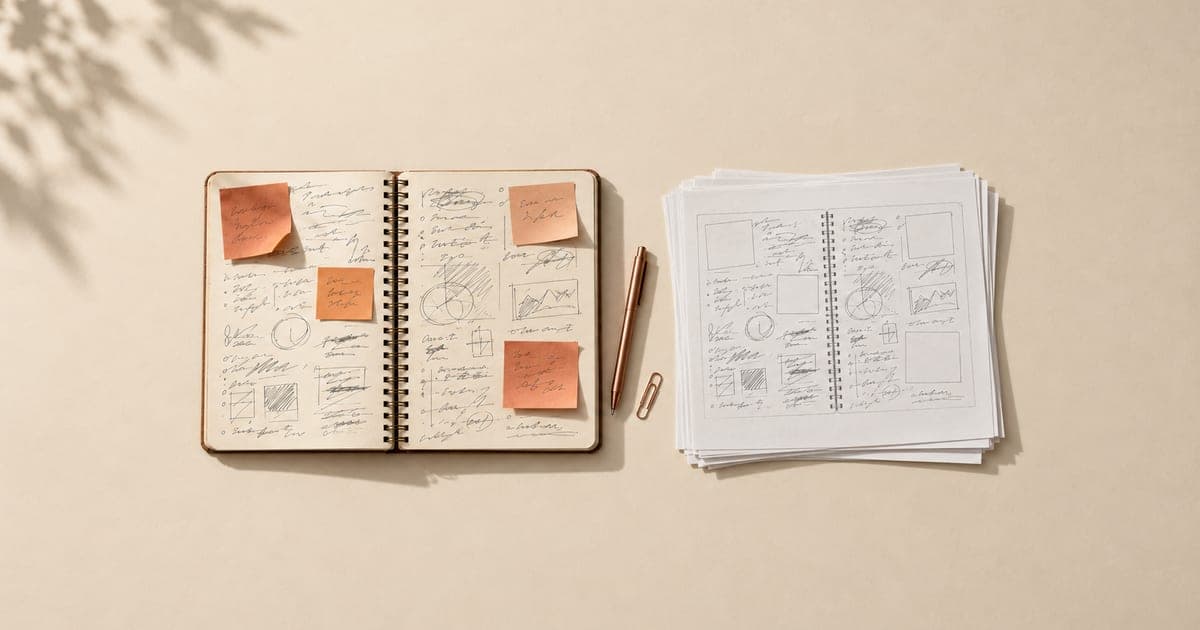 A notebook with orange sticky notes beside a stack of copies of it, where the notes show up as empty boxes
