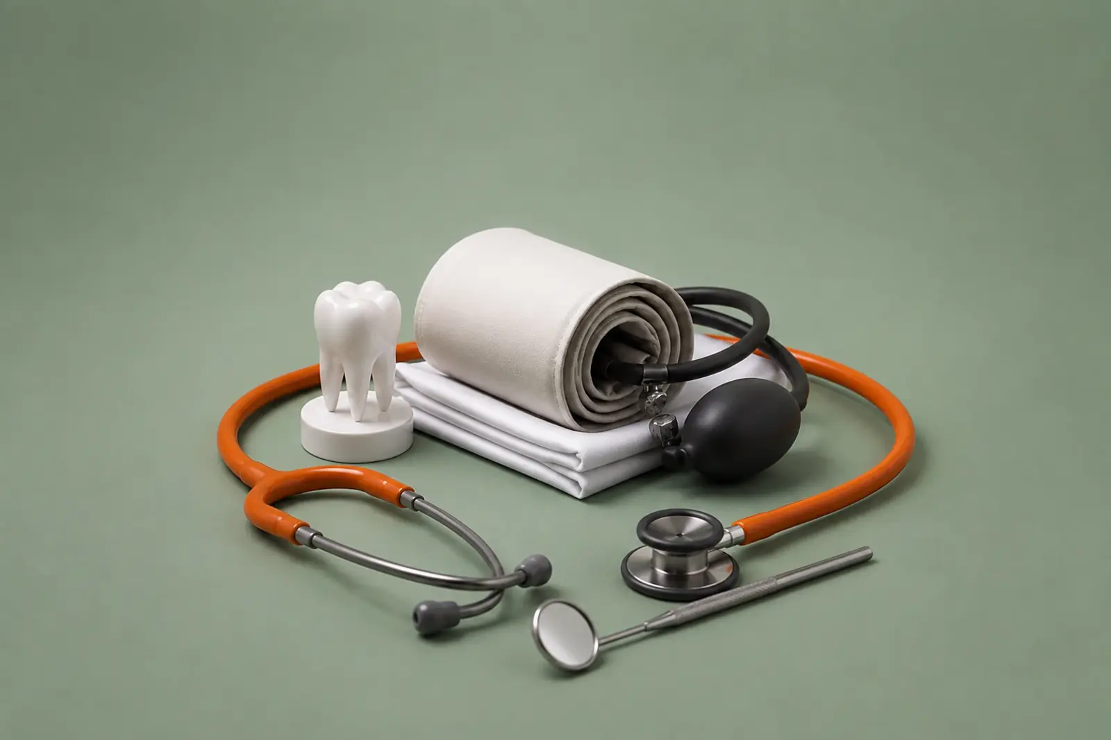 A stethoscope, blood pressure cuff and tooth model on a table